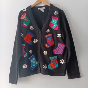 Vintage Victoria Jones Holiday Stocking Knit Cardigan Black L